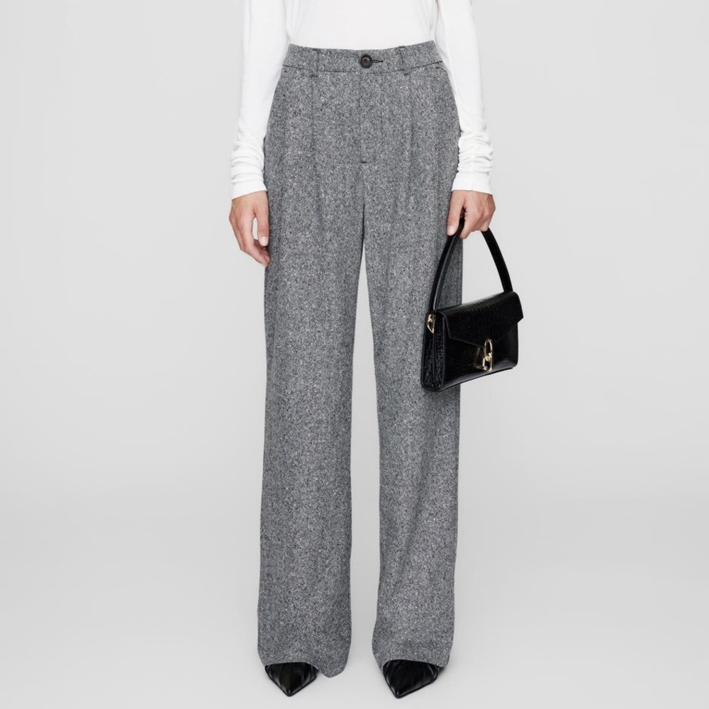 Anine Bing Pants Carrie Wool Wideleg Trousers Black White Sz Xs 2